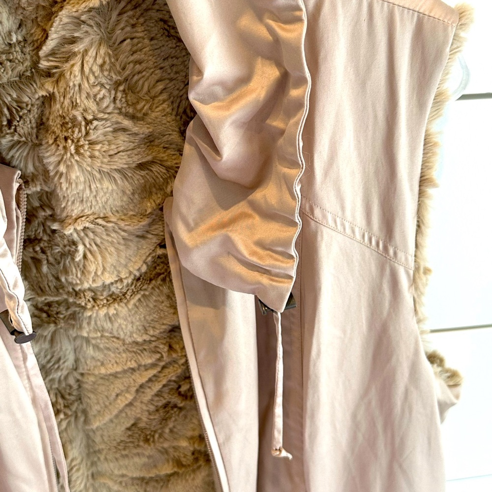 CAbi Reversible Faux Fur & Satin Hooded Vest Beige - Picture 6 of 6